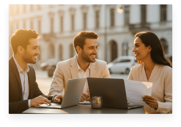 Three people sitting at an outdoor table engaged in a business discussion. Two laptops are open in front of them, and one person is holding a sheet of paper. A metallic cup is placed on the table. The background shows a sunlit street with a large, elegant building featuring arched windows and columns. The lighting is warm, suggesting late afternoon or early evening.