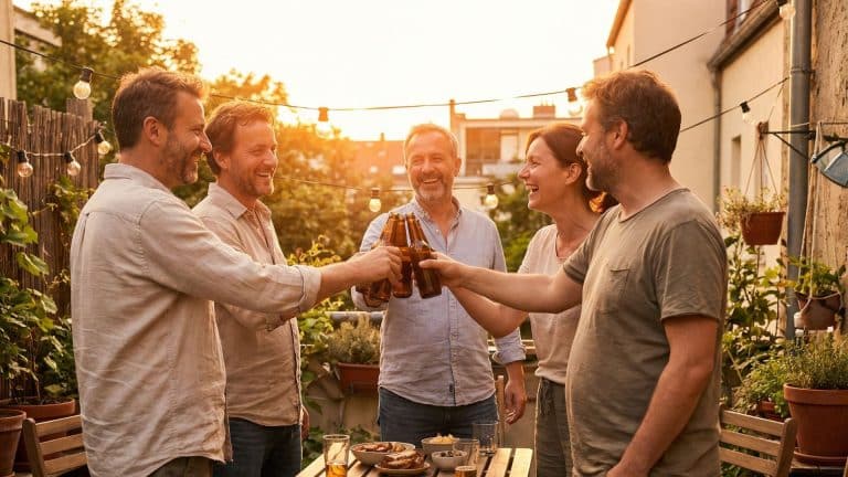 A group of friends standing on a cozy outdoor terrace at sunset, raising beer bottles together in a cheerful toast. The table in front of them is filled with snacks like olives, chips, and dips, and warm golden-hour light creates a relaxed apéro atmosphere surrounded by plants and string lights.