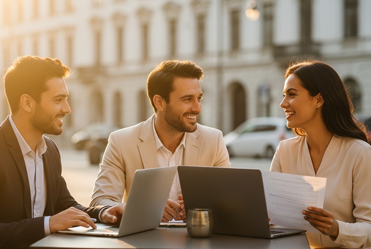 Three people sitting at an outdoor table engaged in a business discussion. Two laptops are open in front of them, and one person is holding a sheet of paper. A metallic cup is placed on the table. The background shows a sunlit street with a large, elegant building featuring arched windows and columns. The lighting is warm, suggesting late afternoon or early evening.